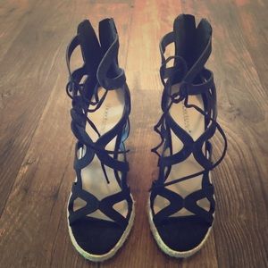Strappy, black wedge sandals